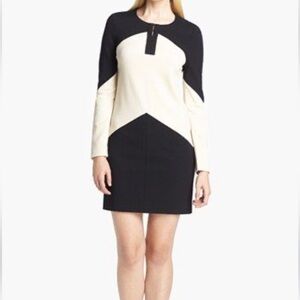 DIANE VON FURSTENBERG Dress Sheridan Mini Chevron Knit Black Cream Sheath DVF 12